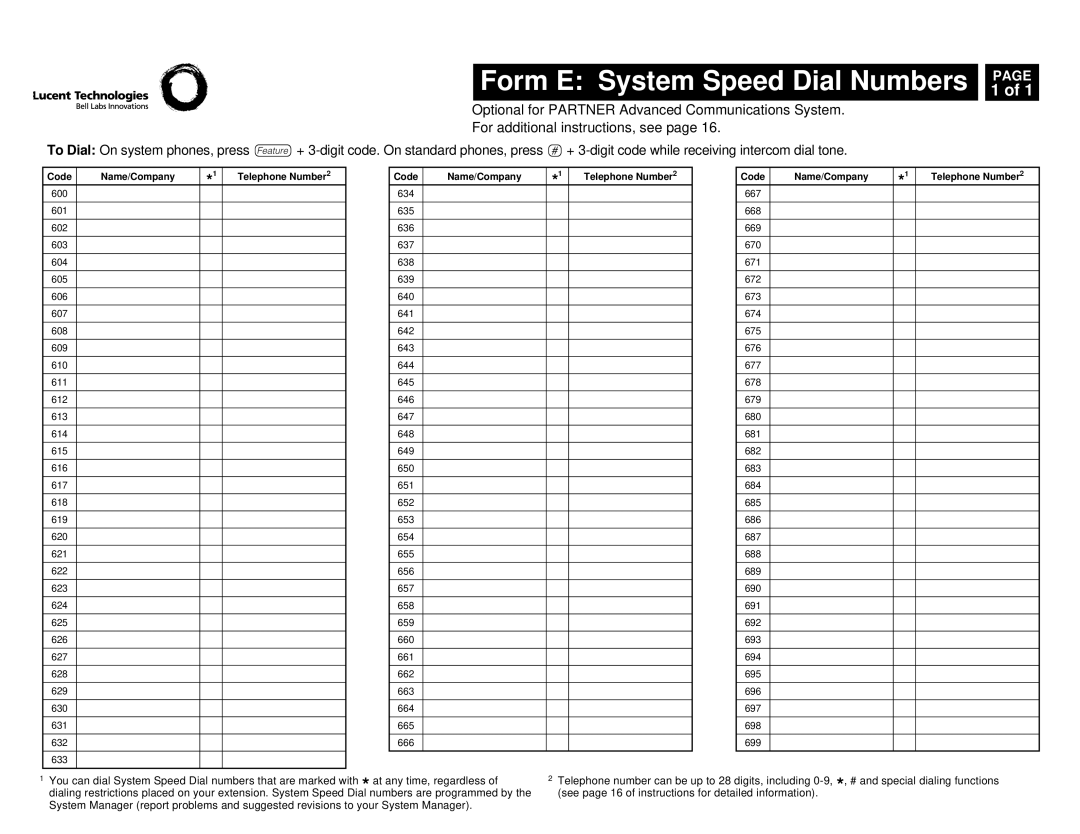 Lucent Technologies partner advanced communications system manual Form E System Speed Dial Numbers 