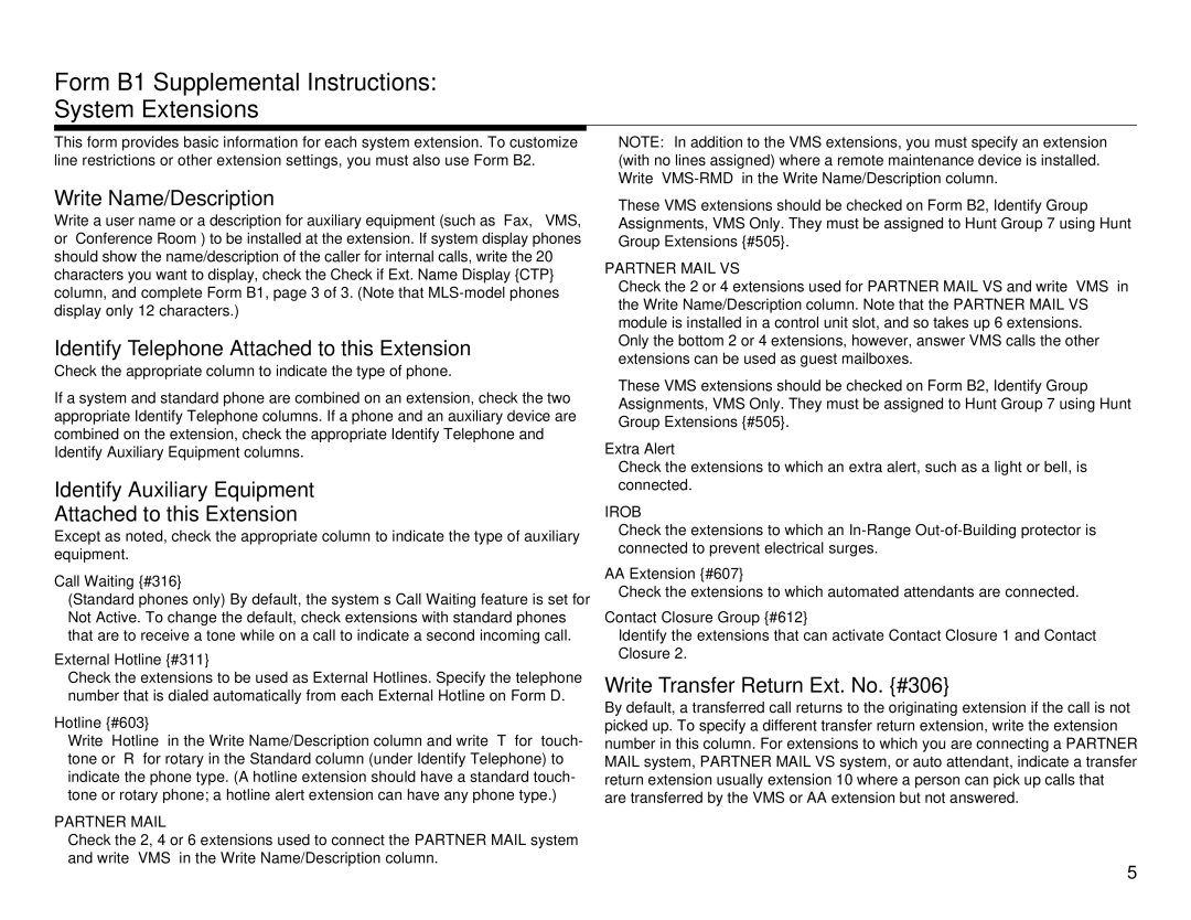 Lucent Technologies partner advanced communications system manual Form B1 Supplemental Instructions System Extensions 