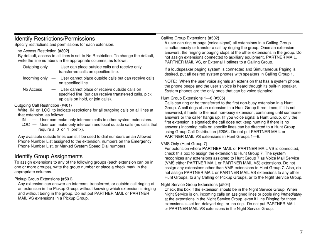 Lucent Technologies partner advanced communications system Identify Restrictions/Permissions, Identify Group Assignments 