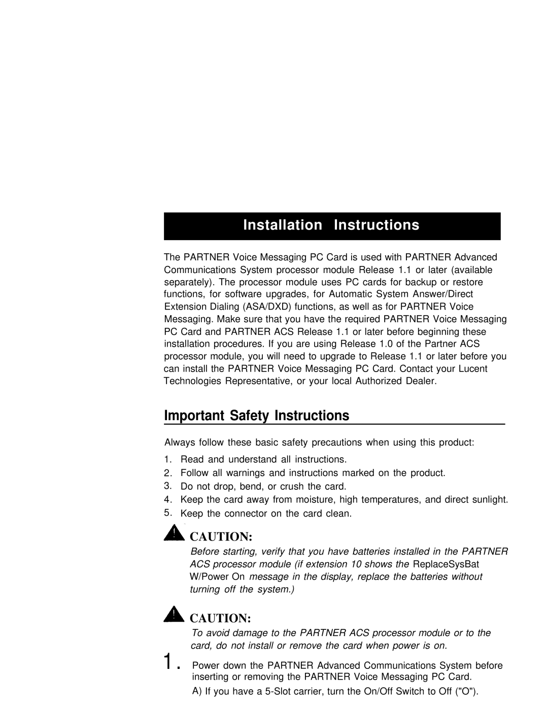 Lucent Technologies partner voice messaging card manual Installation Instructions, Important Safety Instructions 