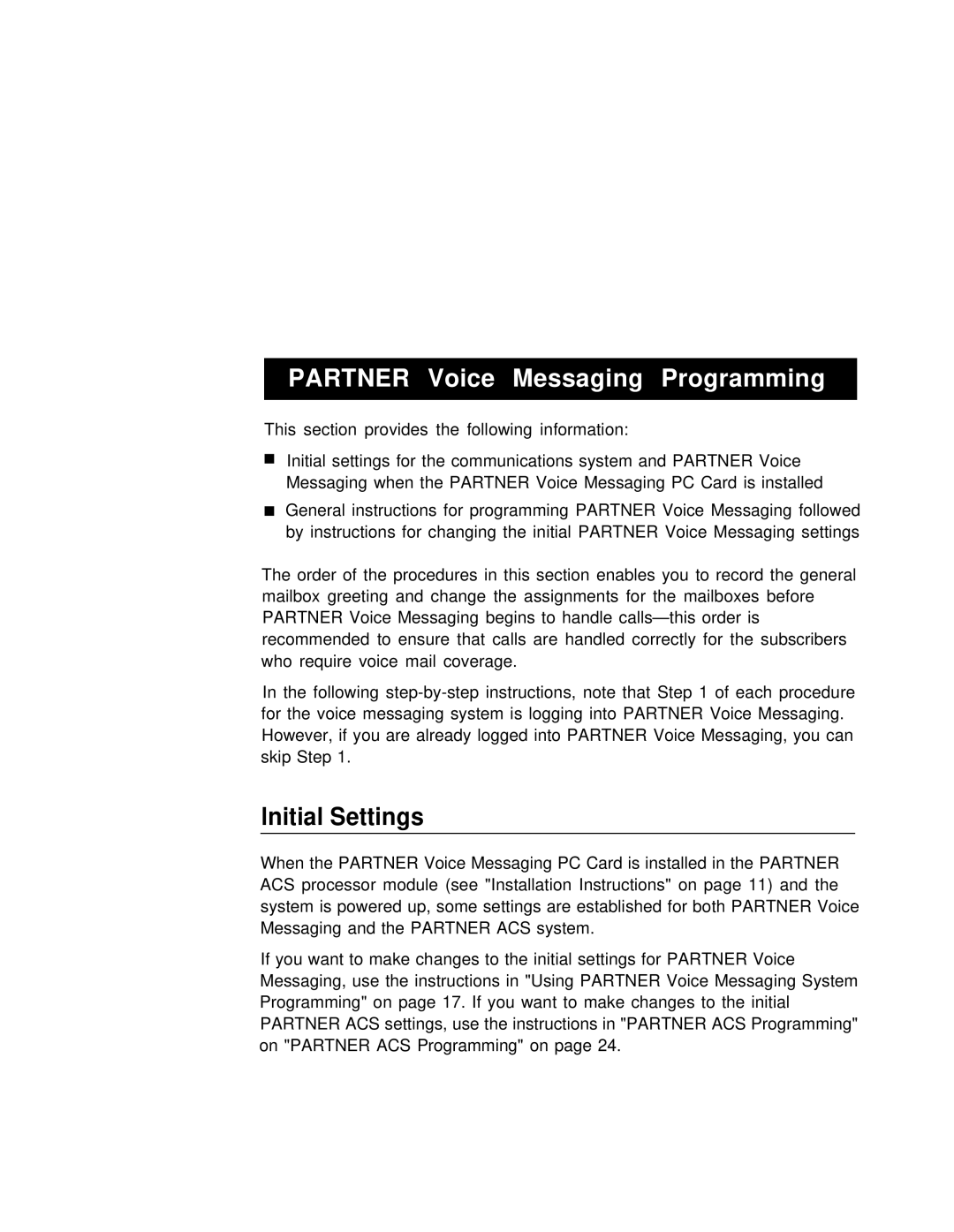 Lucent Technologies partner voice messaging card manual Partner Voice Messaging Programming, Lnitial Settings 