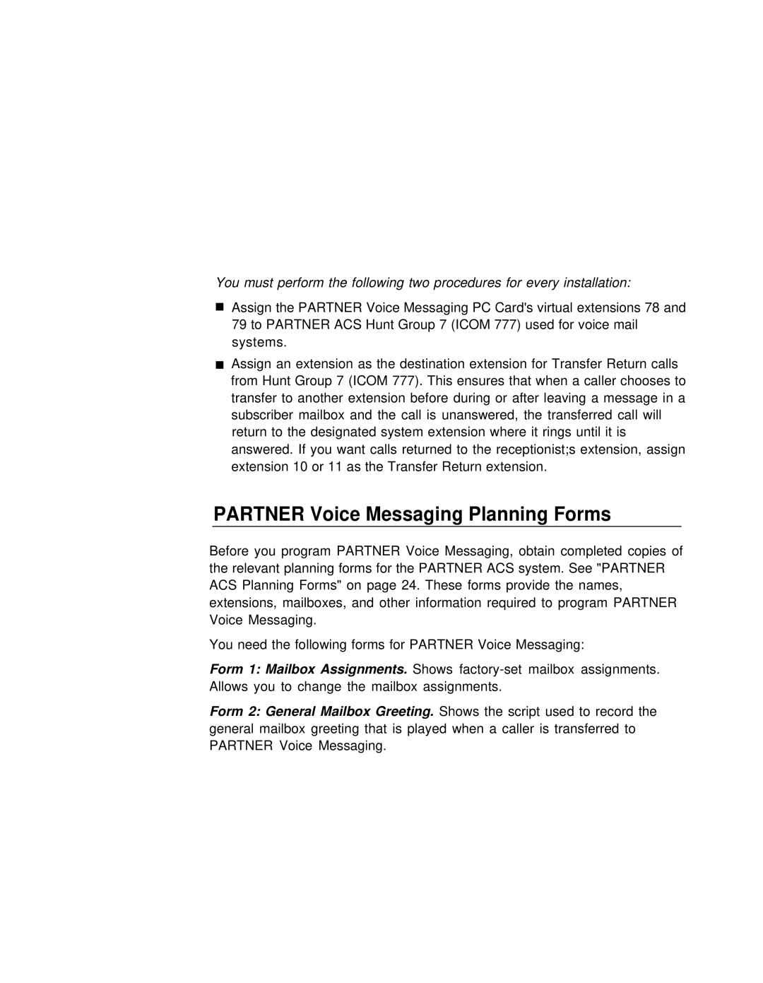 Lucent Technologies partner voice messaging card manual Partner Voice Messaging Planning Forms 