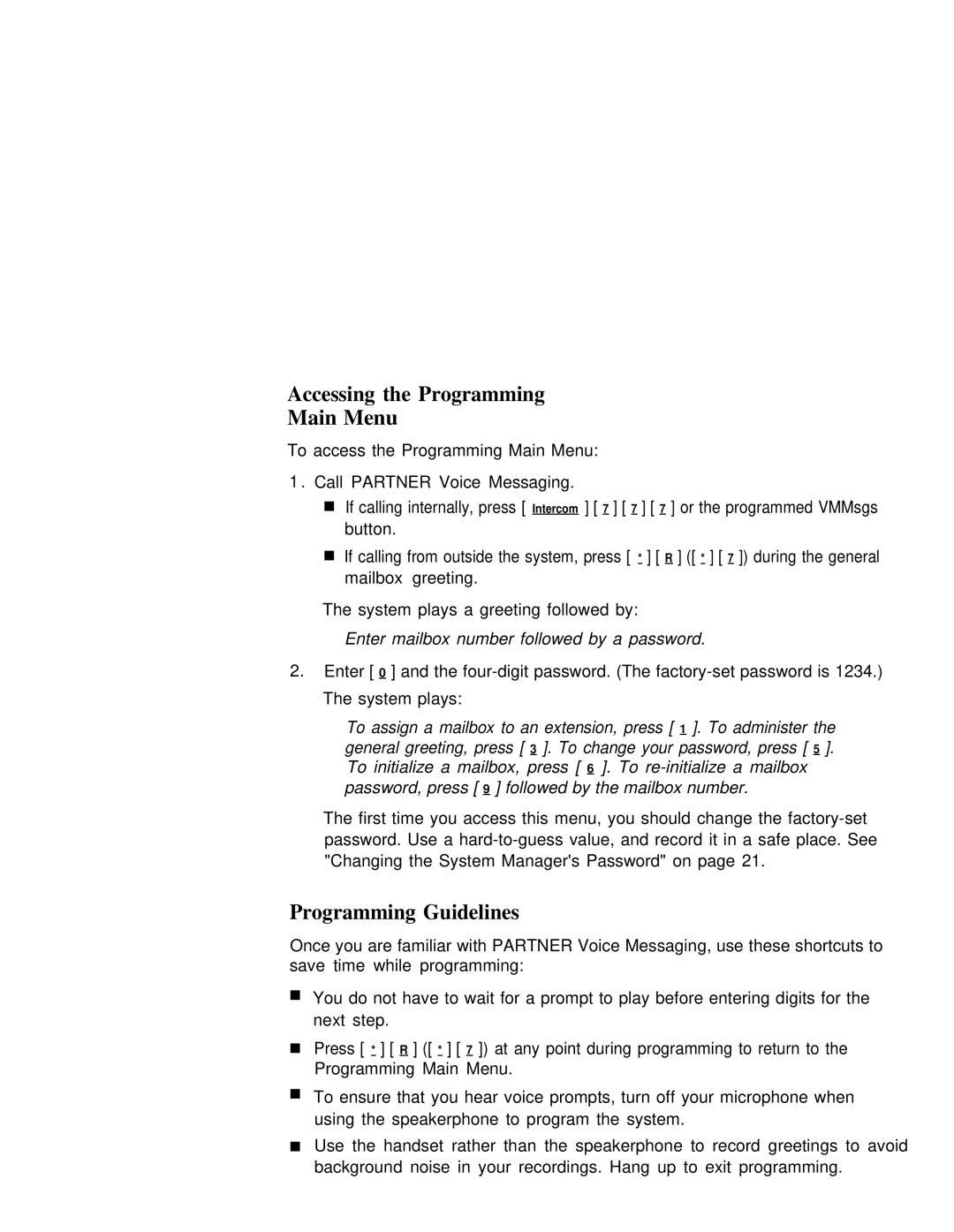 Lucent Technologies partner voice messaging card manual Accessing the Programming Main Menu, Programming Guidelines 