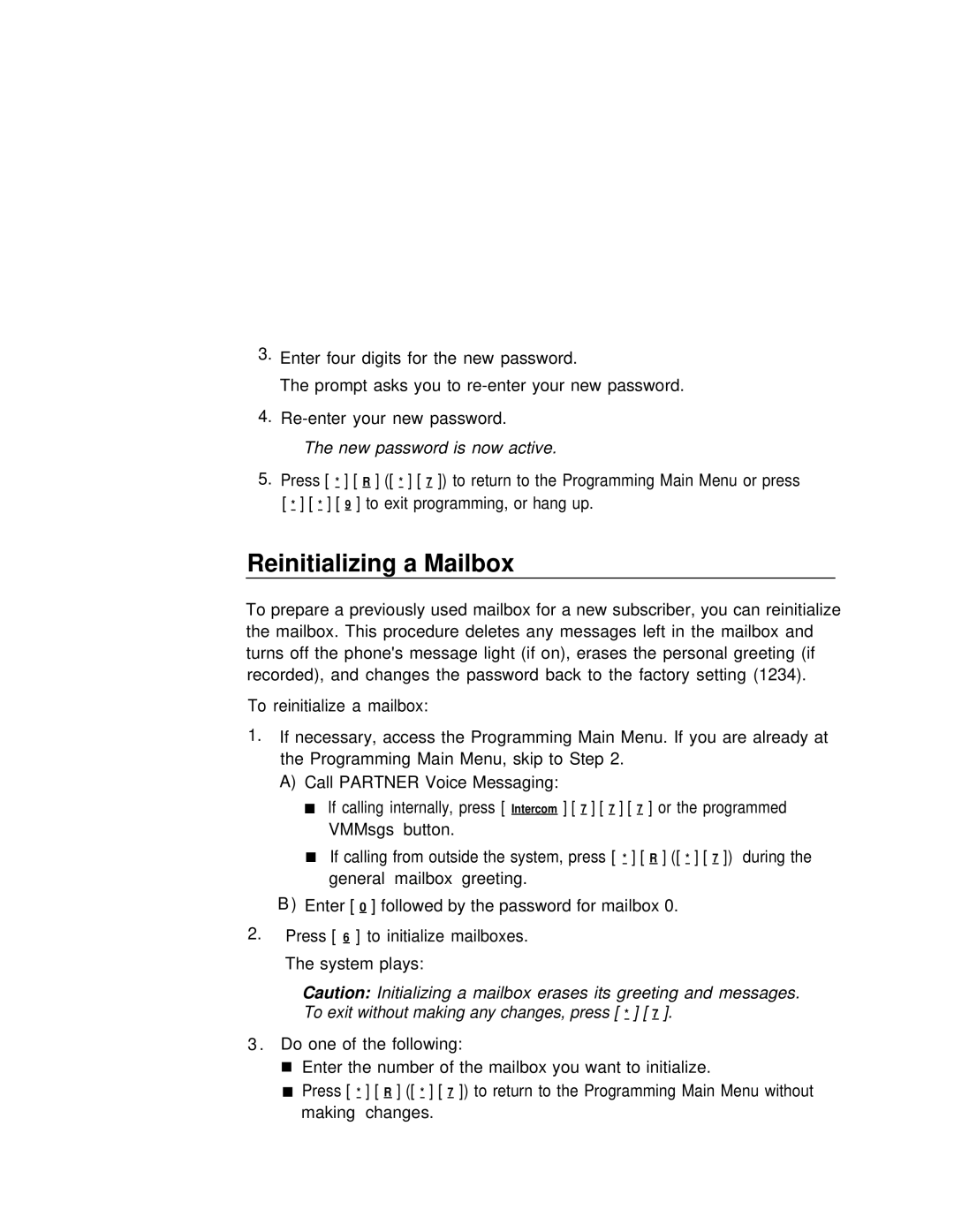 Lucent Technologies partner voice messaging card manual Reinitializing a Mailbox, New password is now active 