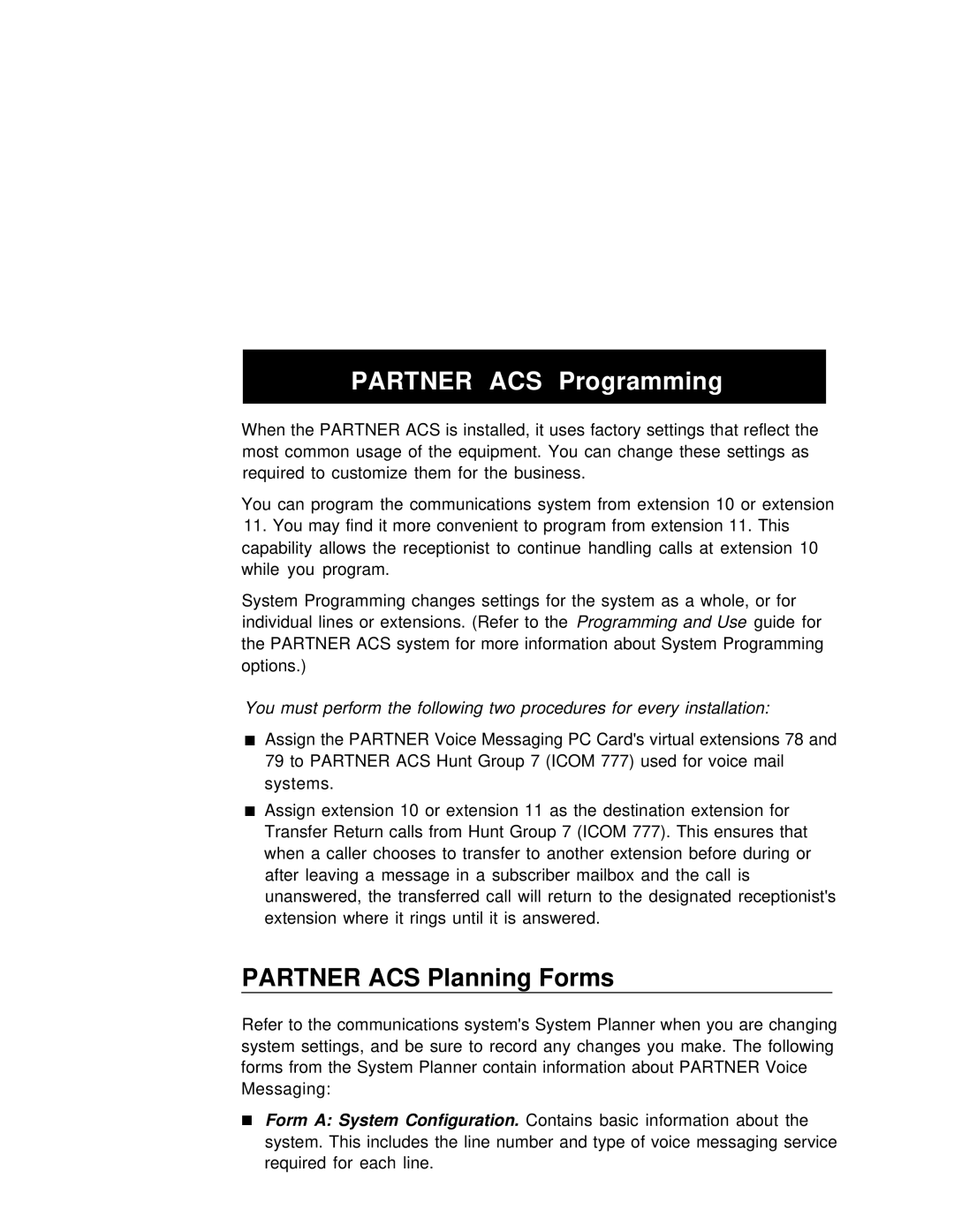 Lucent Technologies partner voice messaging card manual Partner ACS Programming, Partner ACS Planning Forms 