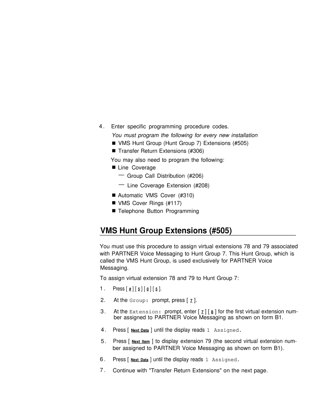 Lucent Technologies partner voice messaging card manual VMS Hunt Group Extensions #505 