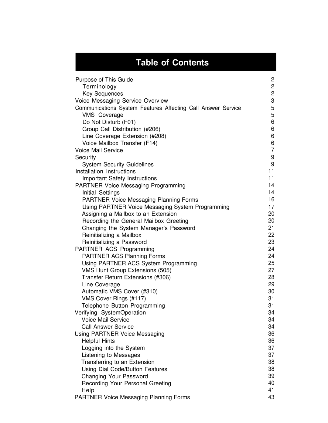 Lucent Technologies partner voice messaging card manual Table of Contents 