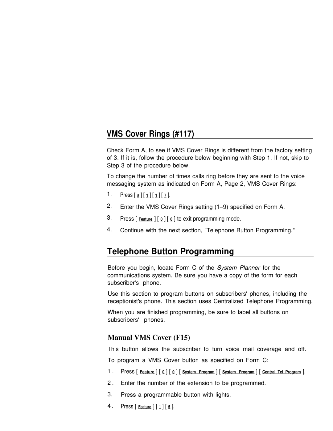 Lucent Technologies partner voice messaging card VMS Cover Rings #117, Telephone Button Programming, Manual VMS Cover F15 