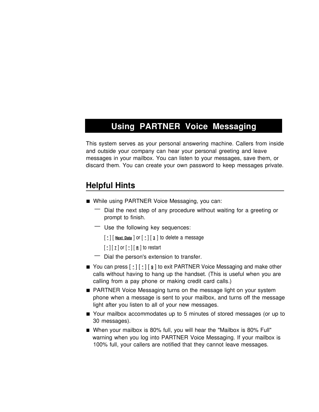 Lucent Technologies partner voice messaging card manual Using Partner Voice Messaging, Helpful Hints 