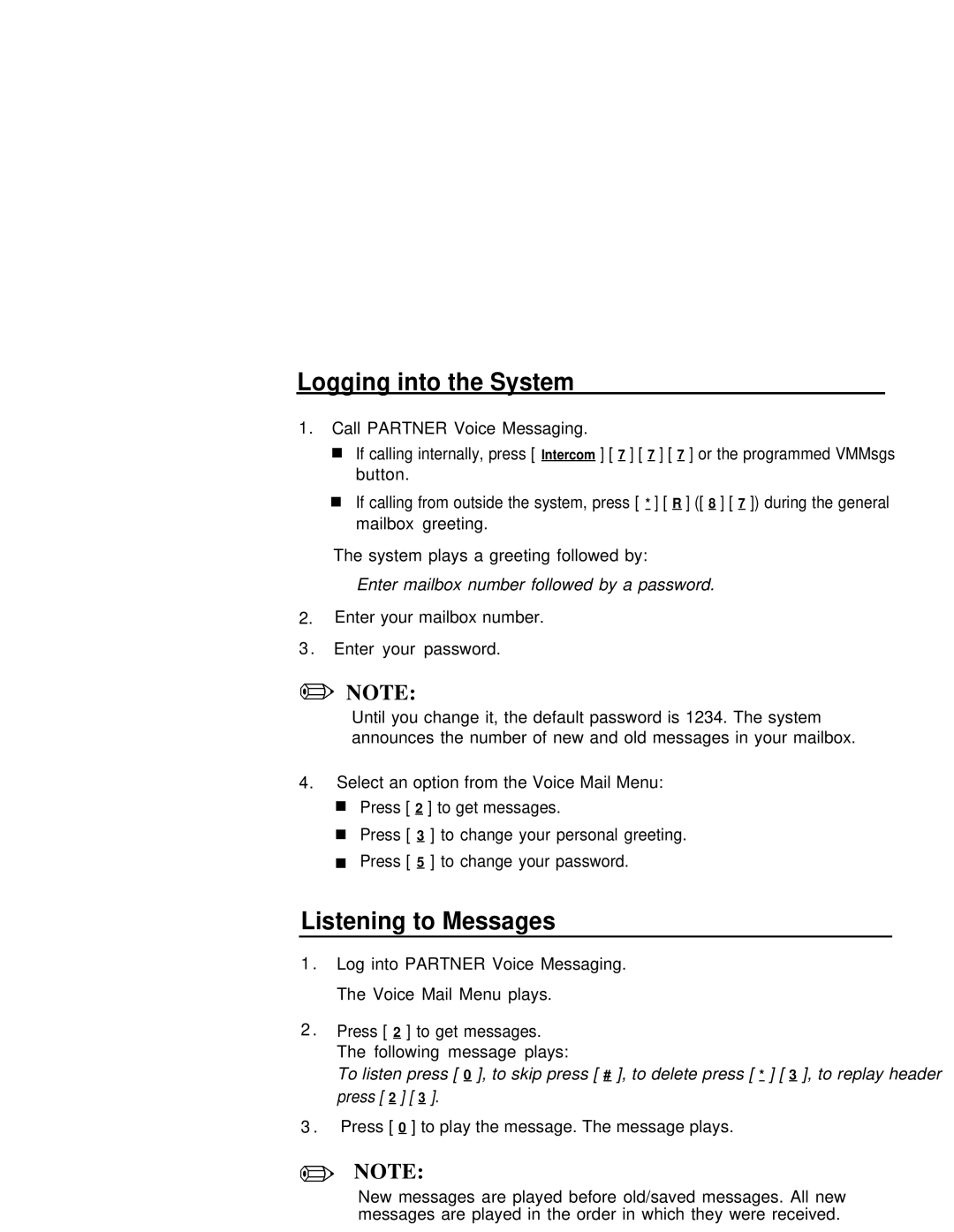 Lucent Technologies partner voice messaging card manual Logging into the System, Listening to Messages 