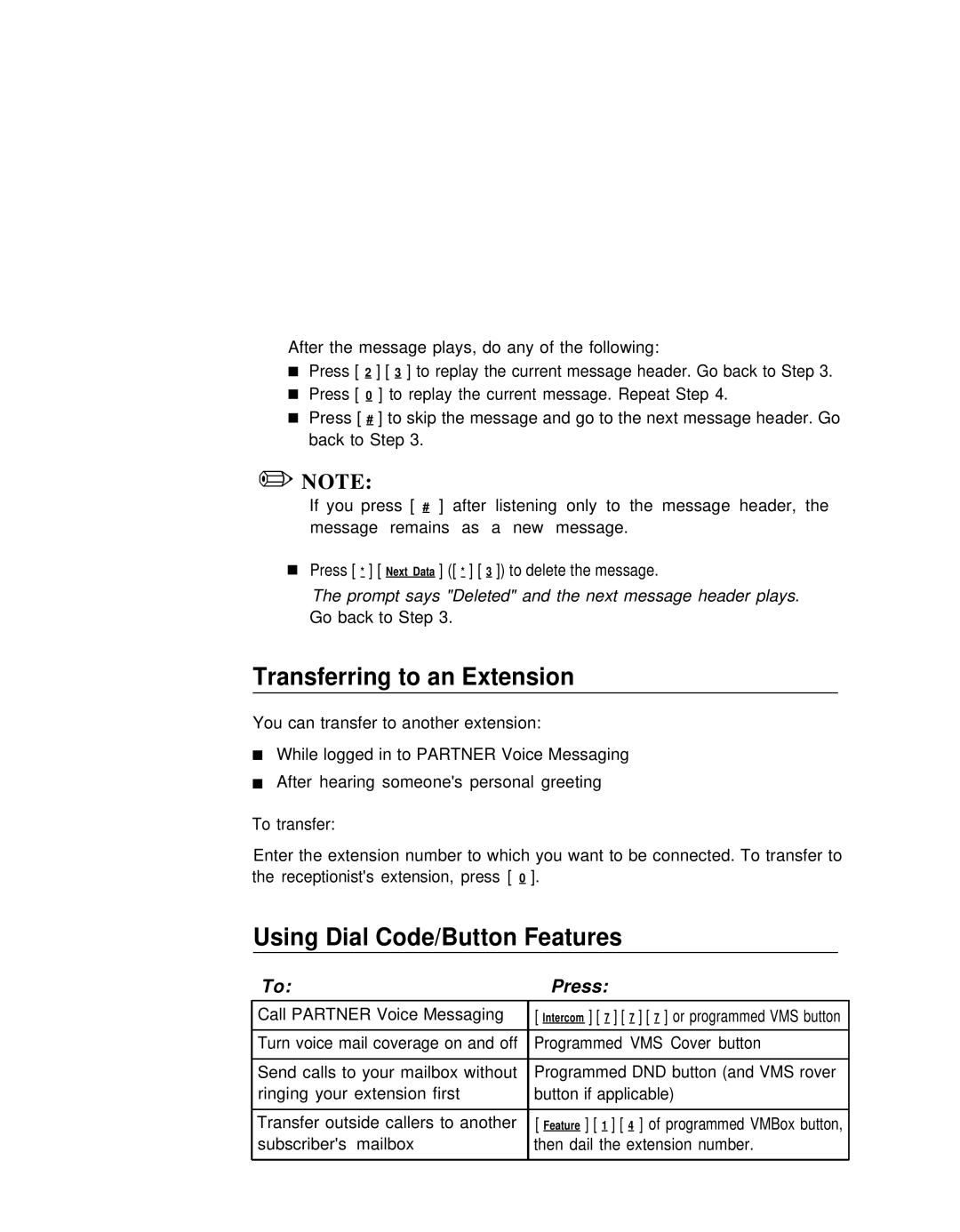 Lucent Technologies partner voice messaging card manual Transferring to an Extension, Using Dial Code/Button Features 