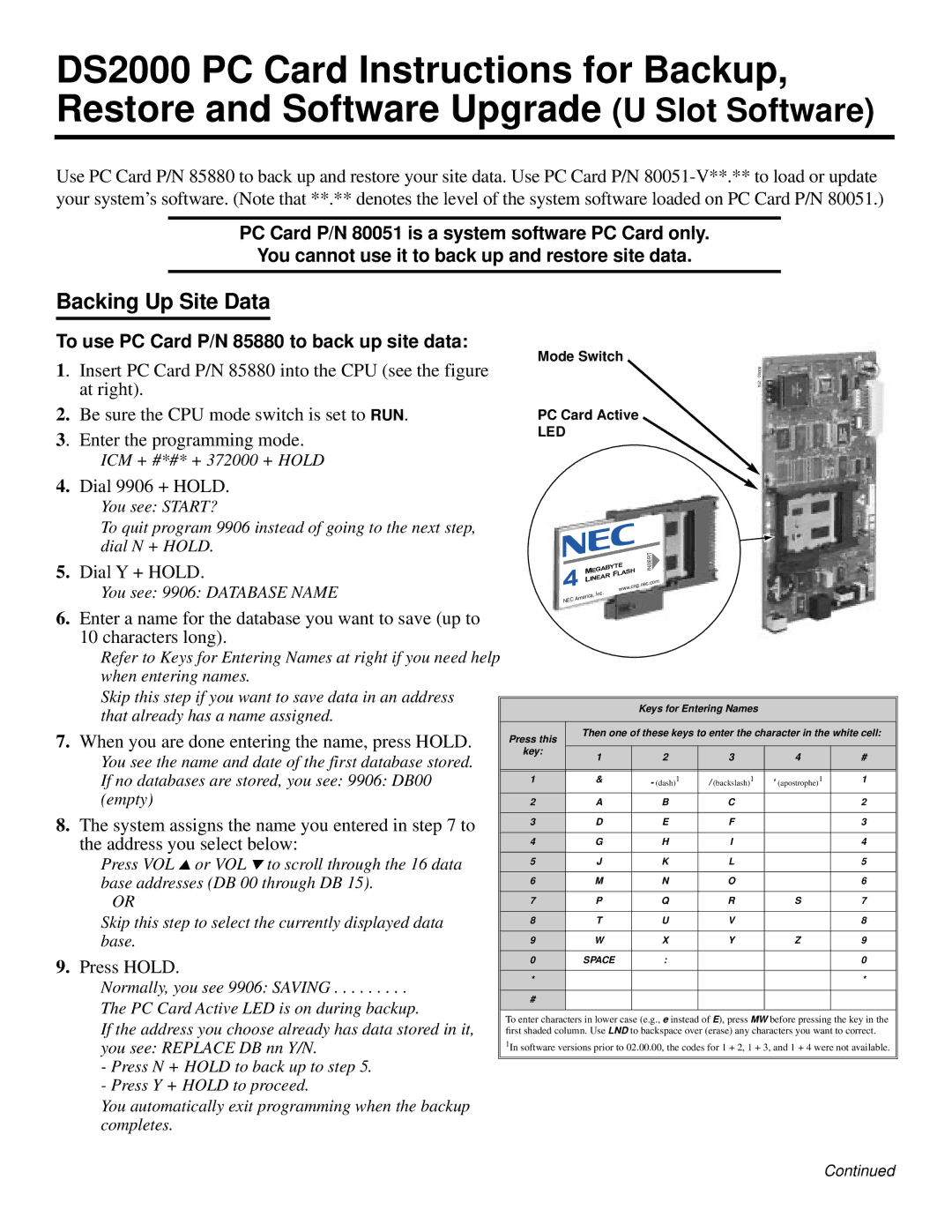 Lucent Technologies P/N 80051 manual Backing Up Site Data, To use PC Card P/N 85880 to back up site data 