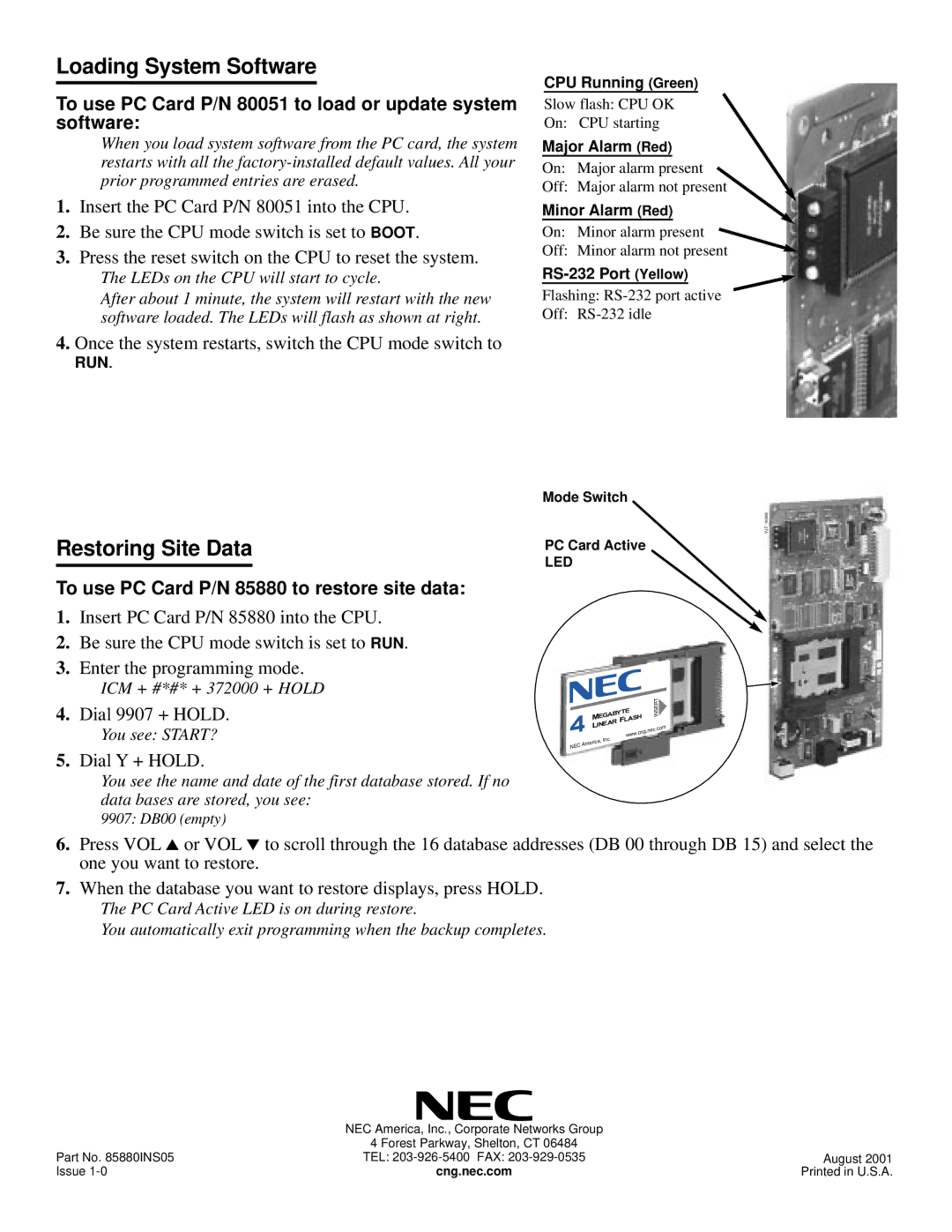 Lucent Technologies P/N 80051 Loading System Software, Restoring Site Data, To use PC Card P/N 85880 to restore site data 