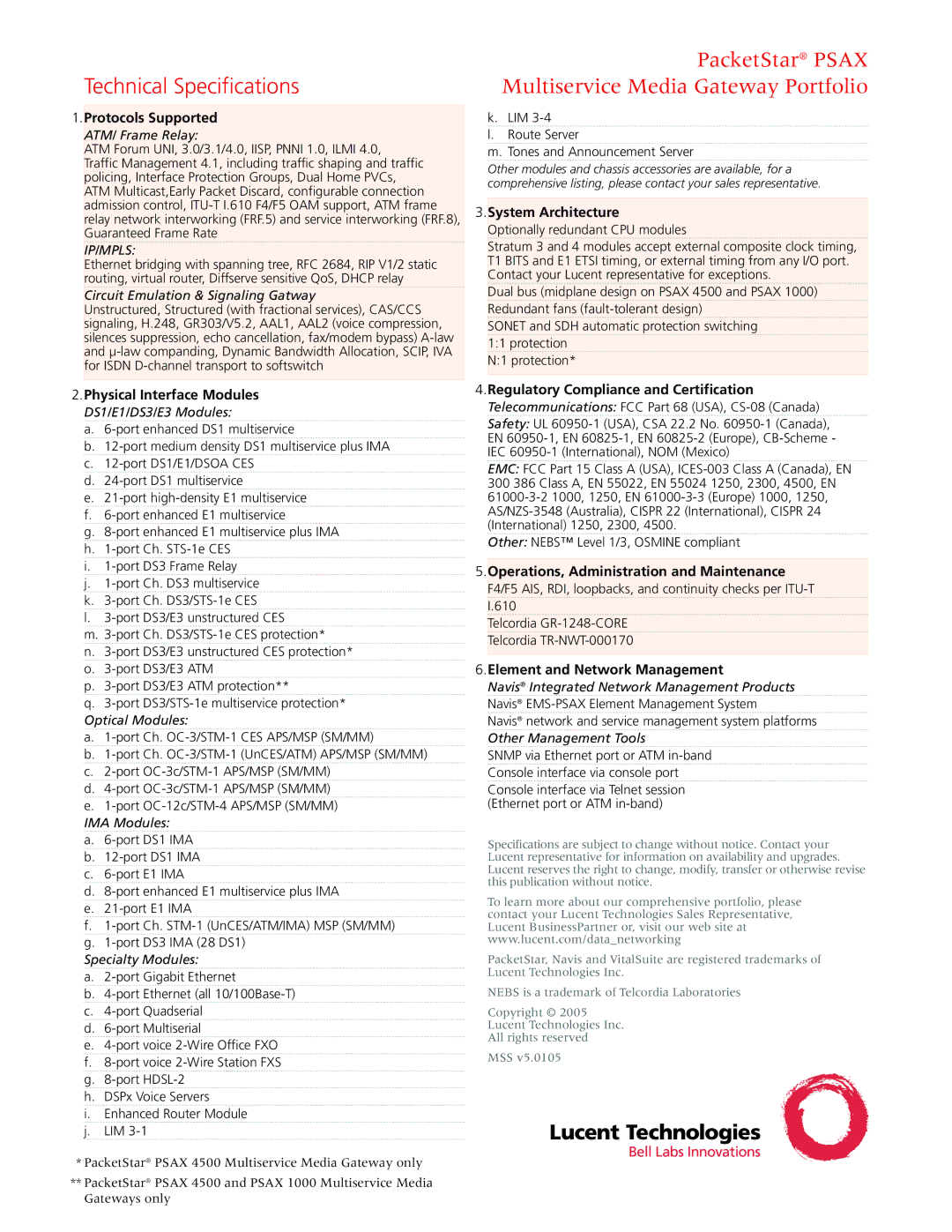 Lucent Technologies PSAX manual Technical Specifications, Protocols Supported 