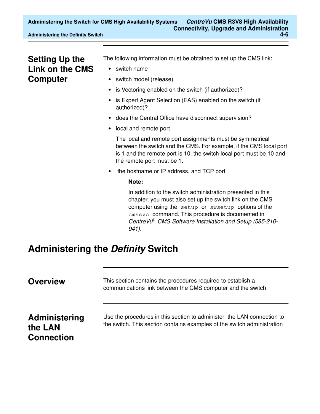 Lucent Technologies Release 3 Version 8 manual Administering the Definity Switch, Setting Up the Link on the CMS Computer 