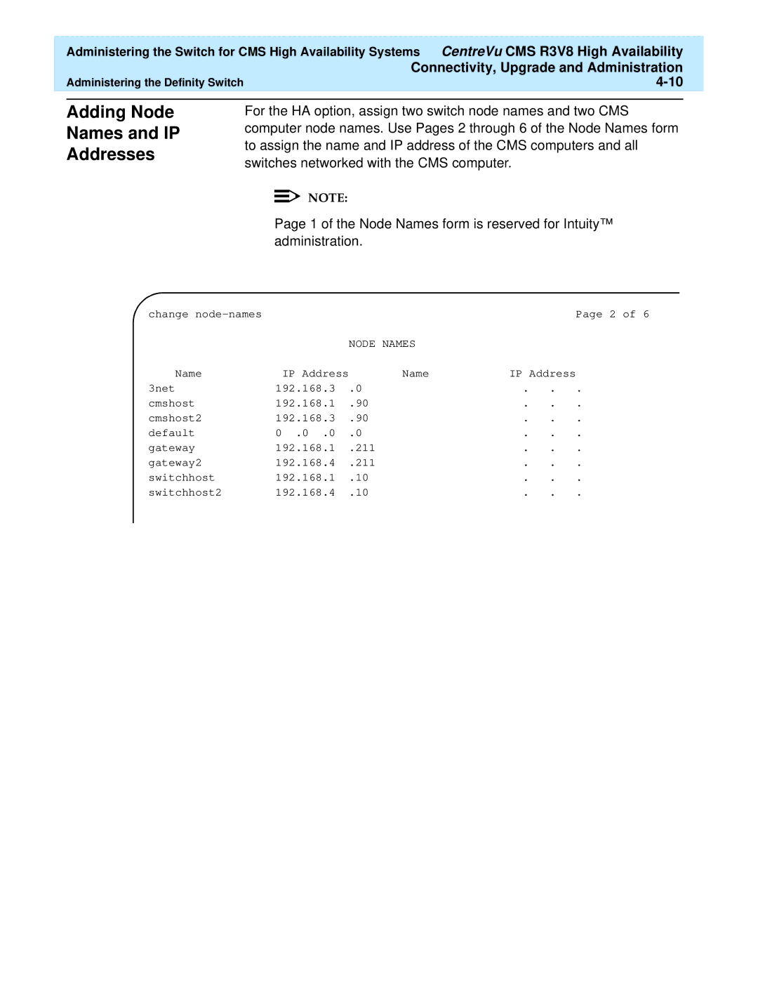 Lucent Technologies Release 3 Version 8 manual Adding Node Names and IP Addresses 