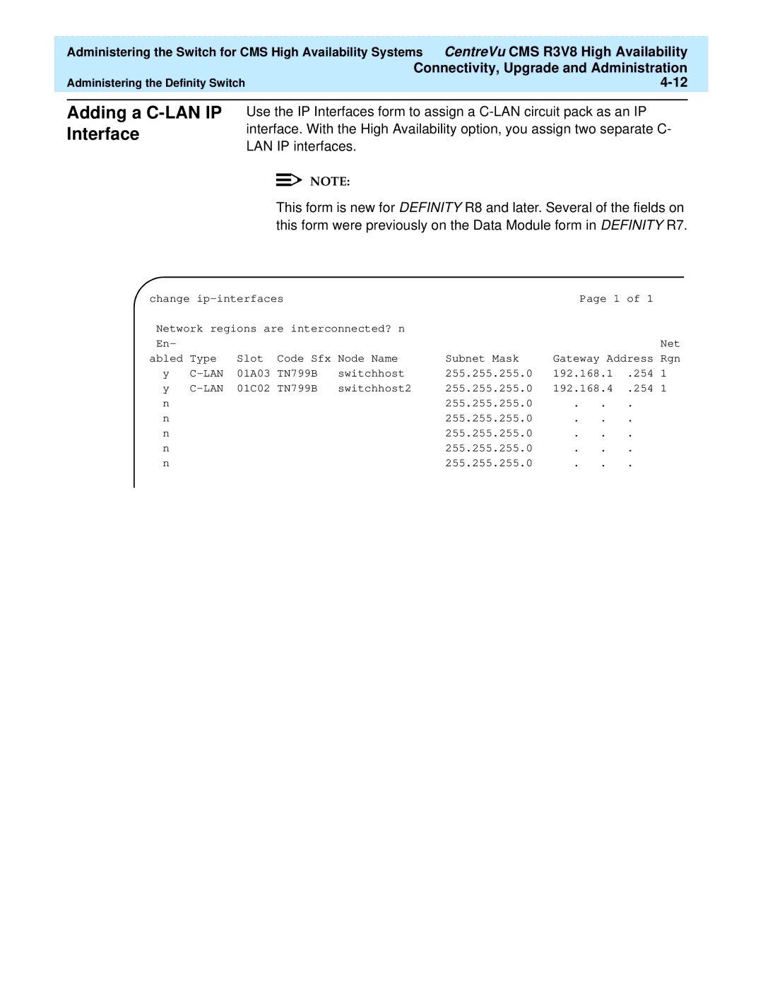 Lucent Technologies Release 3 Version 8 manual Adding a C-LAN IP Interface 