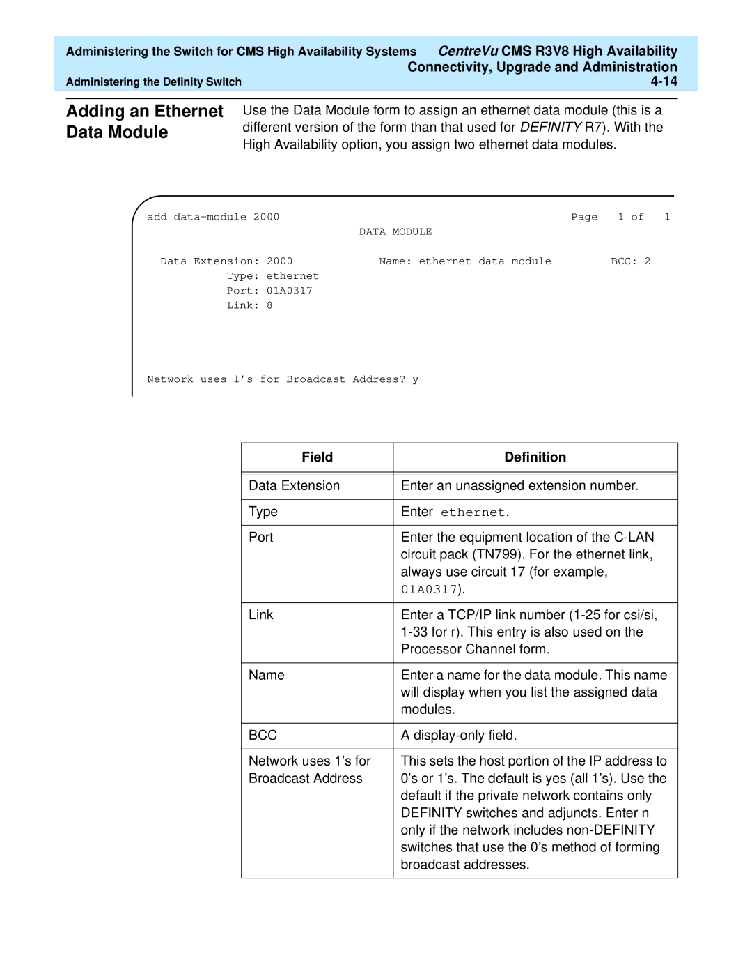 Lucent Technologies Release 3 Version 8 manual Adding an Ethernet Data Module 