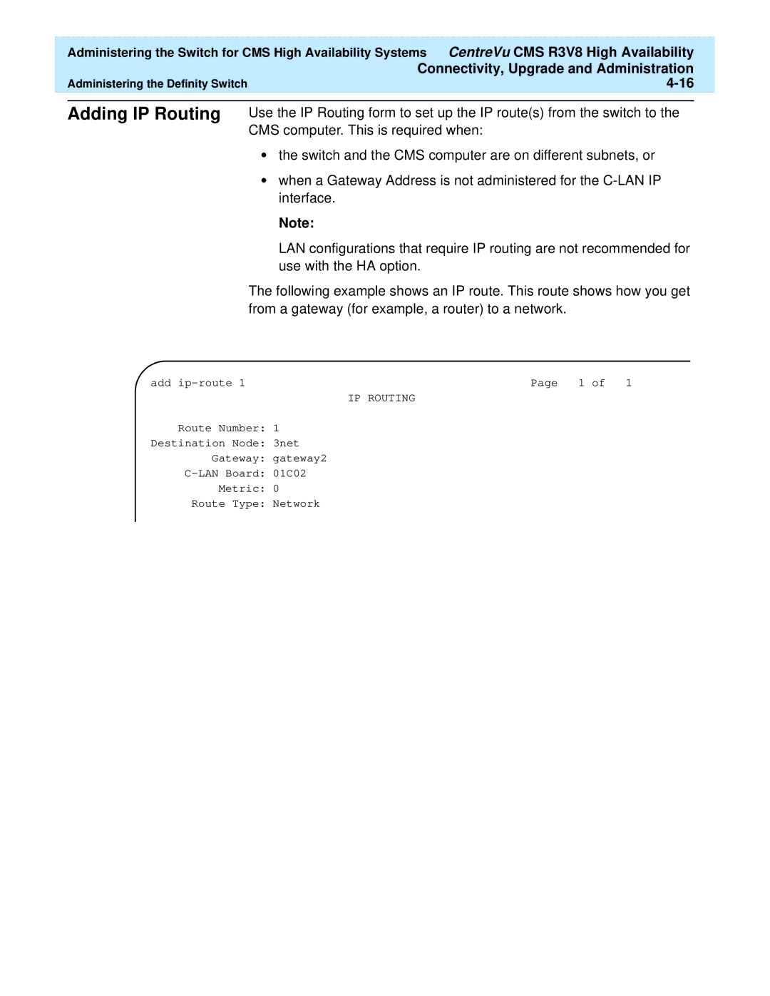 Lucent Technologies Release 3 Version 8 manual Adding IP Routing, From a gateway for example, a router to a network 