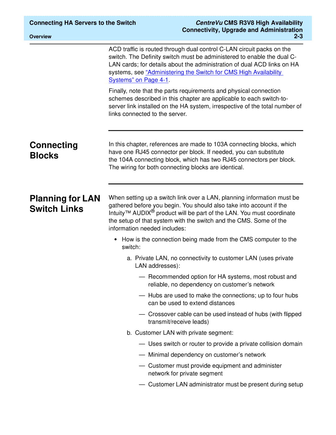 Lucent Technologies Release 3 Version 8 manual Connecting Blocks Planning for LAN Switch Links 