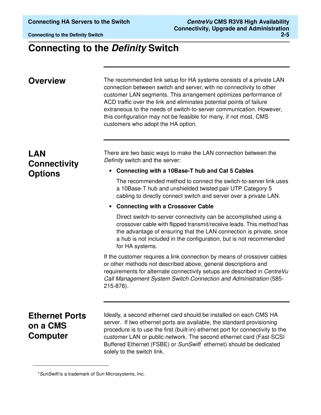 Lucent Technologies Release 3 Version 8 manual Connecting to the Definity Switch, Overview, Connectivity Options 