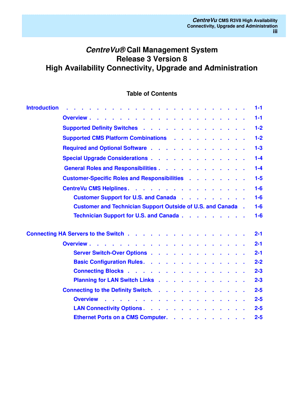 Lucent Technologies Release 3 Version 8 manual Table of Contents 