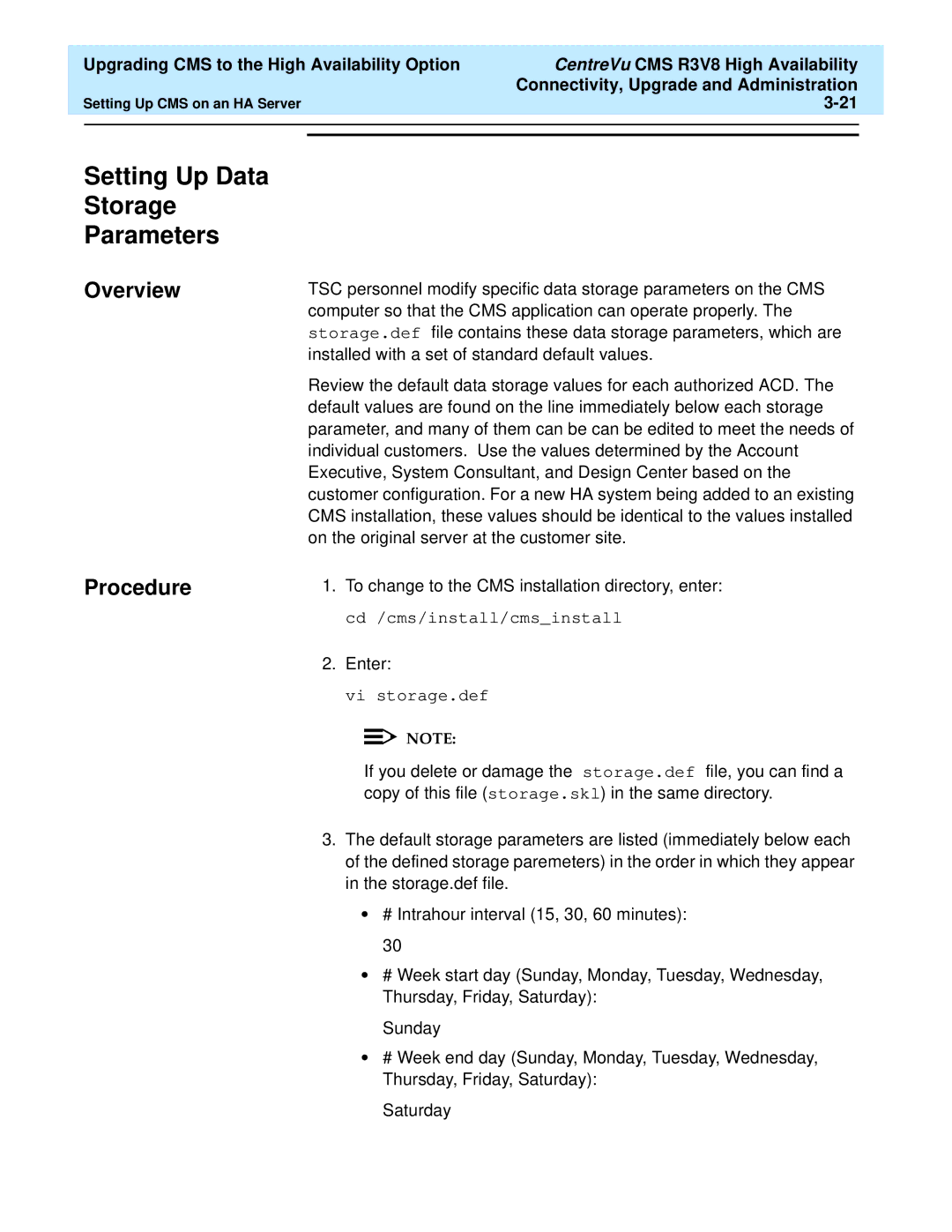 Lucent Technologies Release 3 Version 8 manual Setting Up Data Storage Parameters, Overview Procedure 