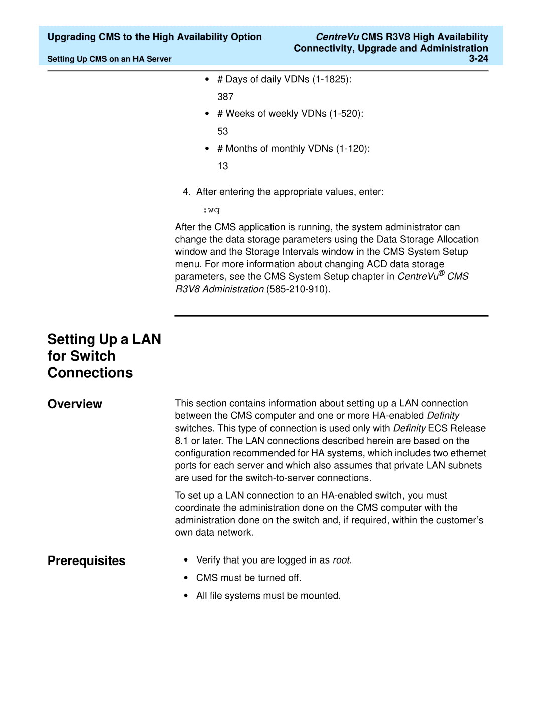 Lucent Technologies Release 3 Version 8 manual Setting Up a LAN for Switch Connections, Prerequisites 