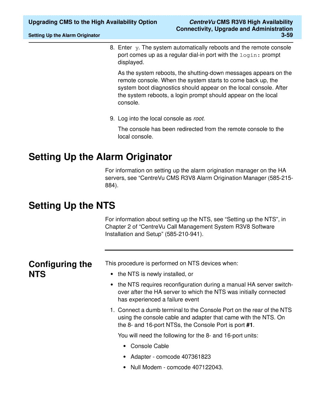 Lucent Technologies Release 3 Version 8 manual Setting Up the Alarm Originator, Setting Up the NTS, Configuring 