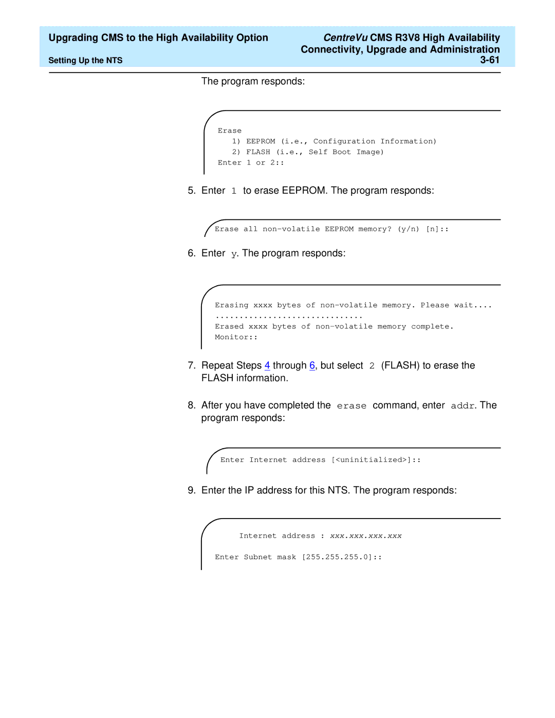 Lucent Technologies Release 3 Version 8 manual Enter 1 to erase EEPROM. The program responds 