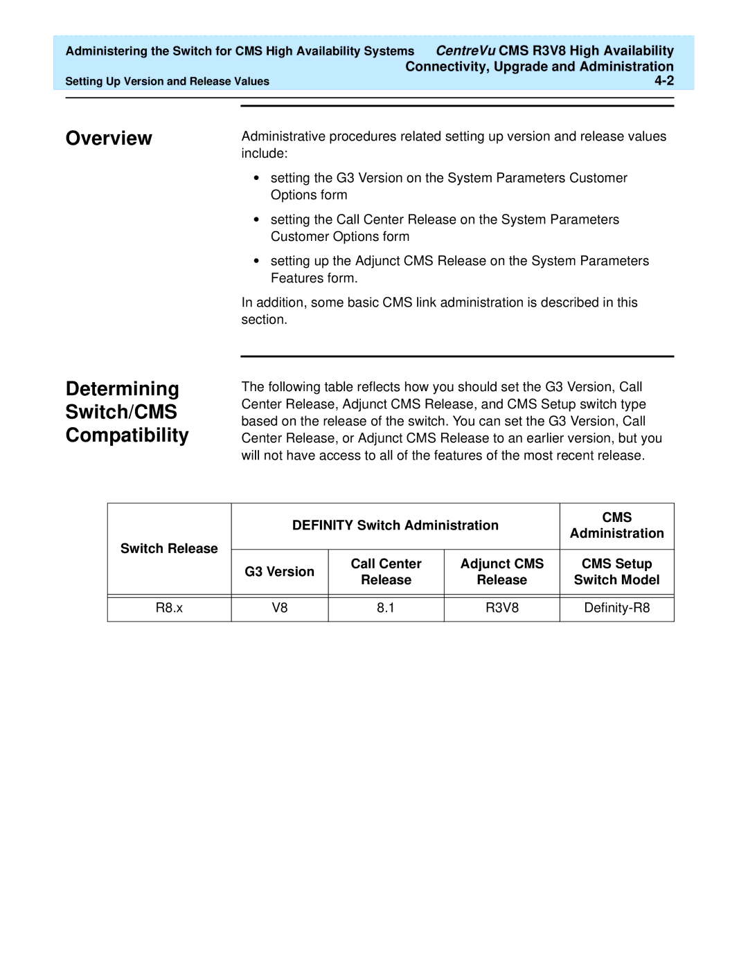 Lucent Technologies Release 3 Version 8 Overview Determining Switch/CMS Compatibility, Definity Switch Administration 