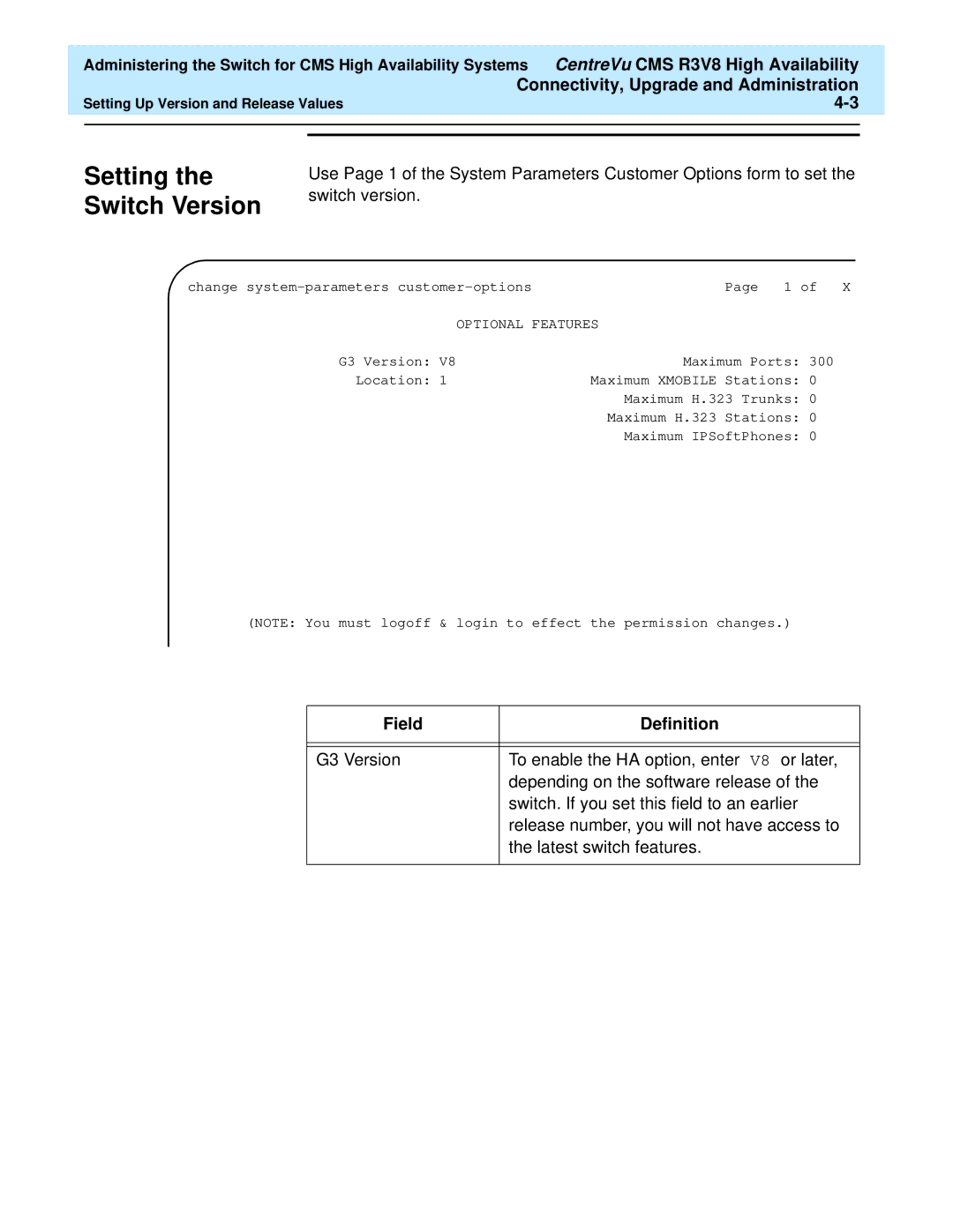 Lucent Technologies Release 3 Version 8 manual Setting the Switch Version, Field Definition 