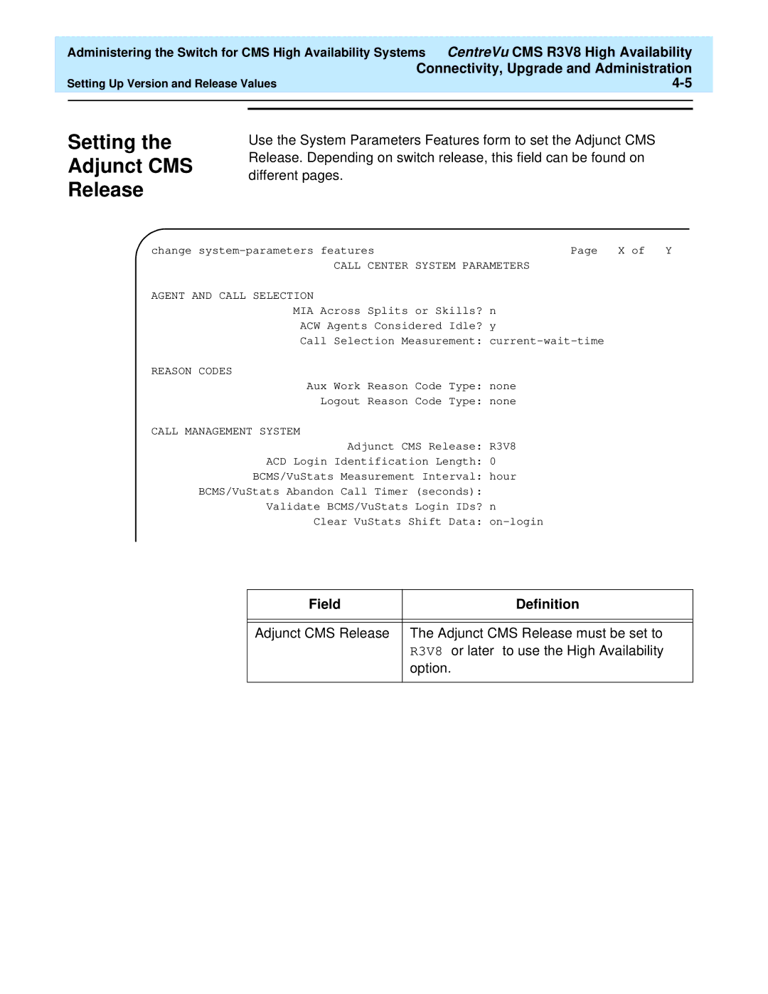 Lucent Technologies Release 3 Version 8 manual Setting Adjunct CMS Release 