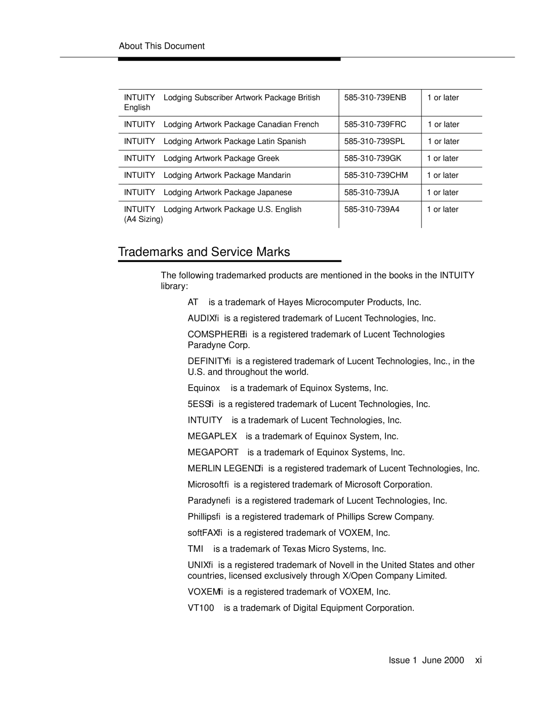 Lucent Technologies Release 3 manual Trademarks and Service Marks 