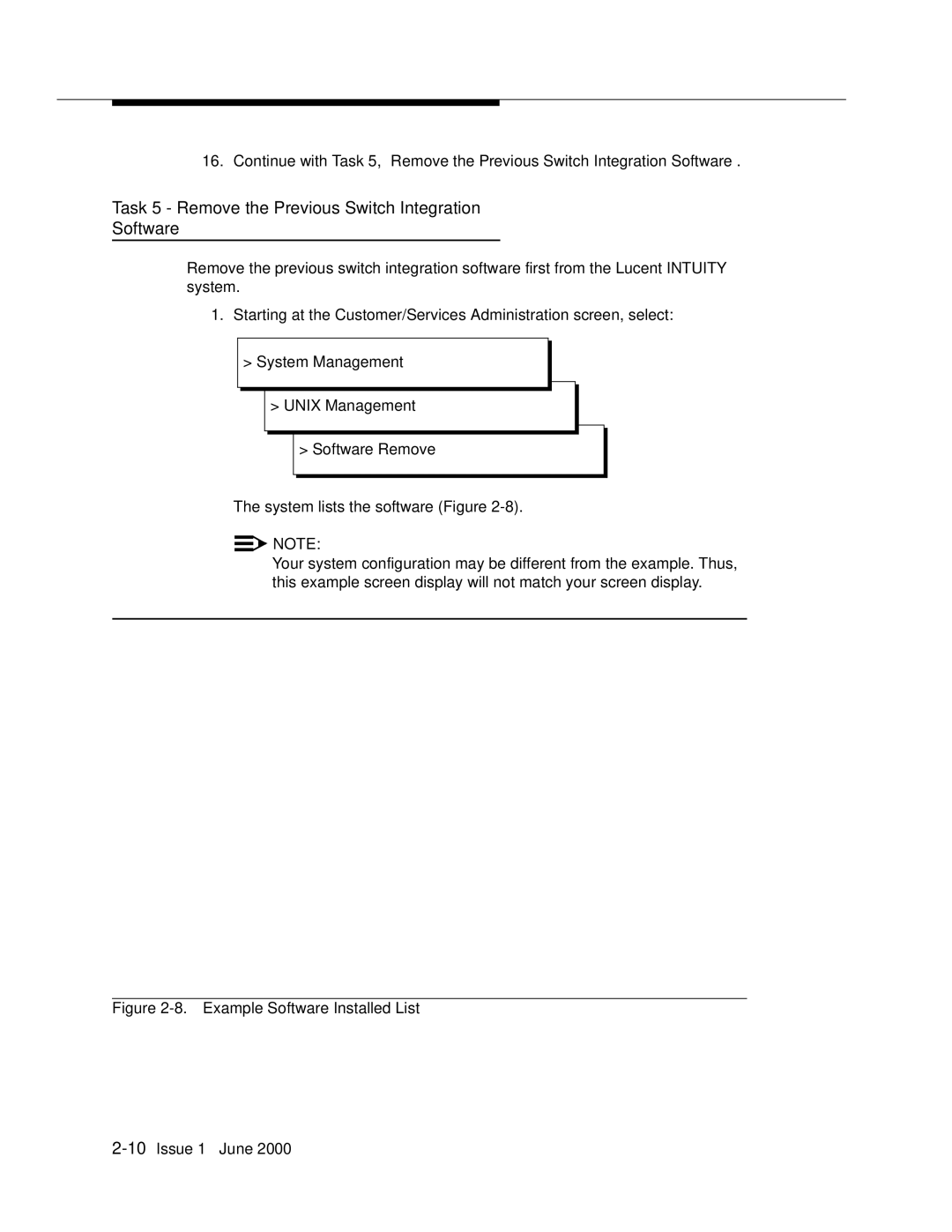 Lucent Technologies Release 3 Task 5 Remove the Previous Switch Integration Software, Example Software Installed List 