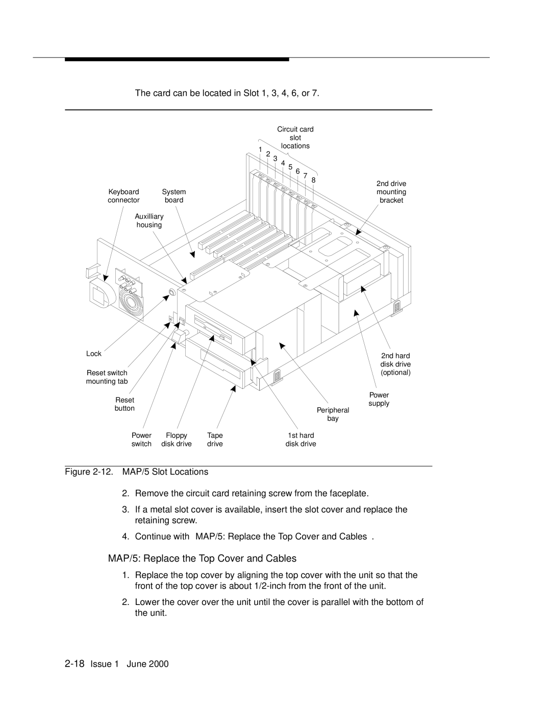 Lucent Technologies Release 3 manual MAP/5 Replace the Top Cover and Cables, Card can be located in Slot 1, 3, 4, 6, or 