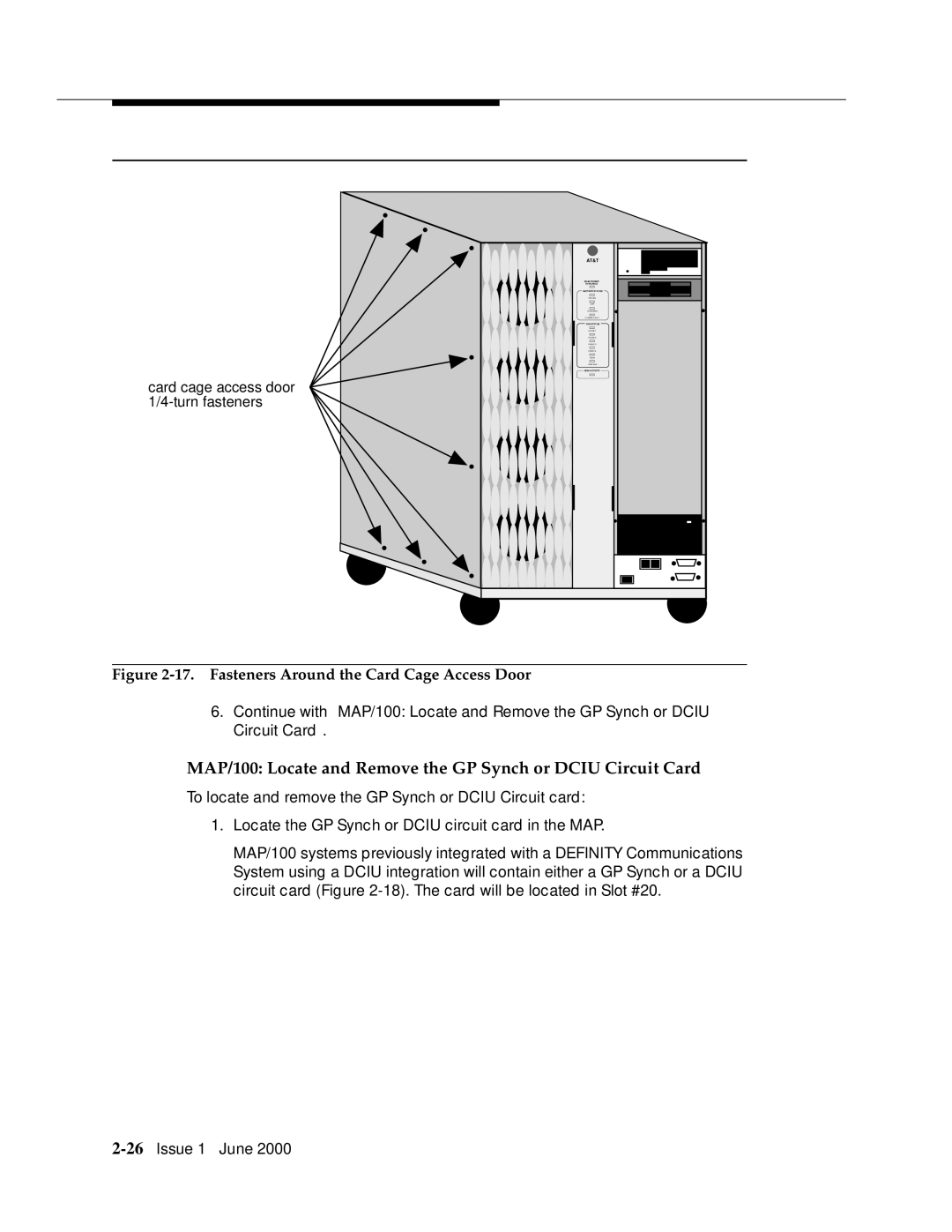 Lucent Technologies Release 3 manual MAP/100 Locate and Remove the GP Synch or Dciu Circuit Card 