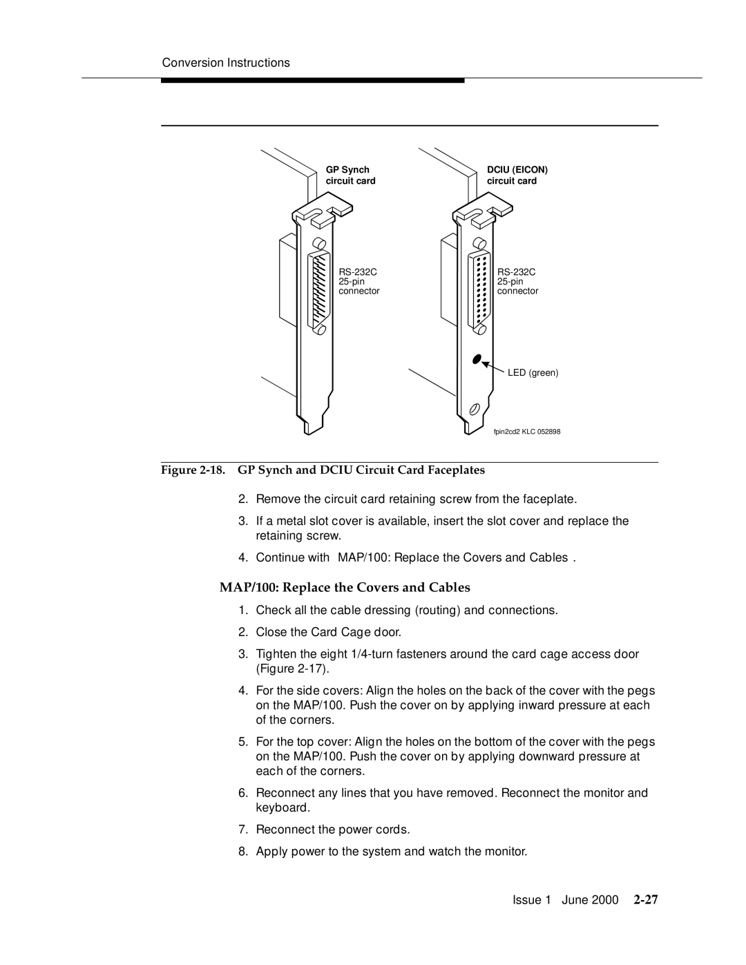 Lucent Technologies Release 3 manual MAP/100 Replace the Covers and Cables, GP Synch and Dciu Circuit Card Faceplates 