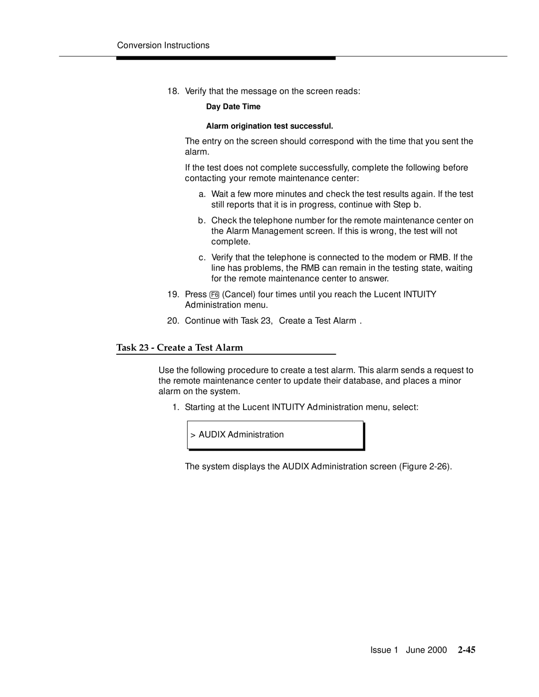 Lucent Technologies Release 3 manual Task 23 Create a Test Alarm 