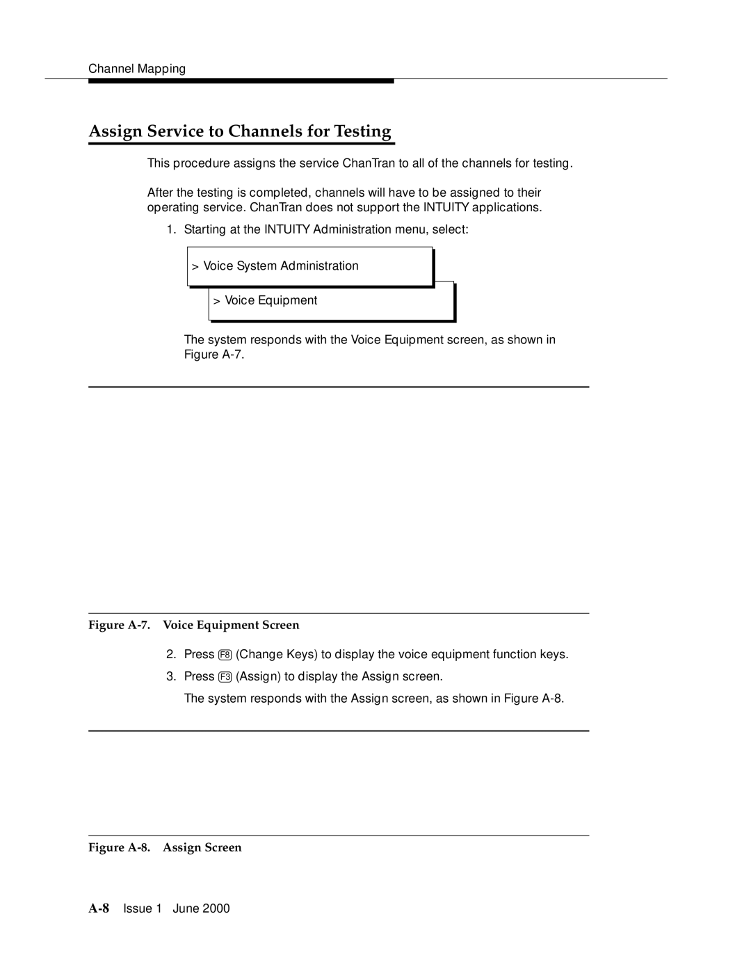 Lucent Technologies Release 3 manual Assign Service to Channels for Testing, Figure A-7. Voice Equipment Screen 