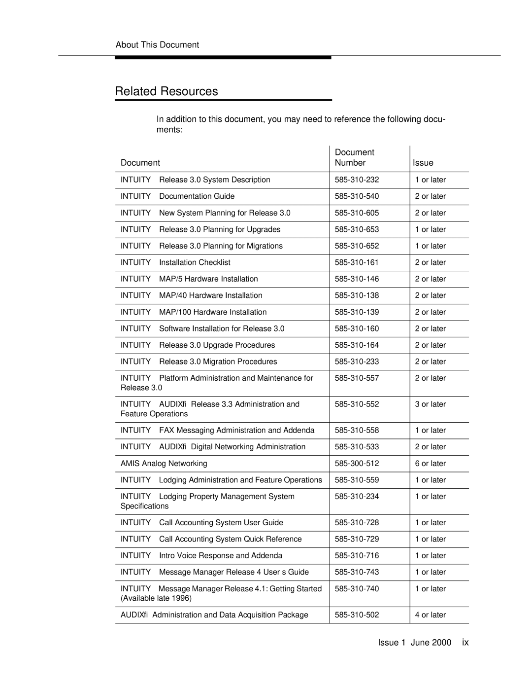 Lucent Technologies Release 3 manual Related Resources, Document Number Issue 