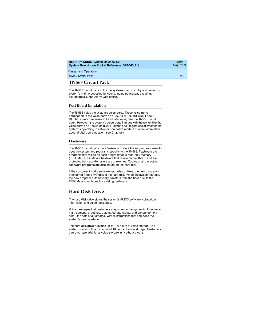 Lucent Technologies Release 4.0 manual TN568 Circuit Pack, Hard Disk Drive, Port Board Emulation, Flashware 