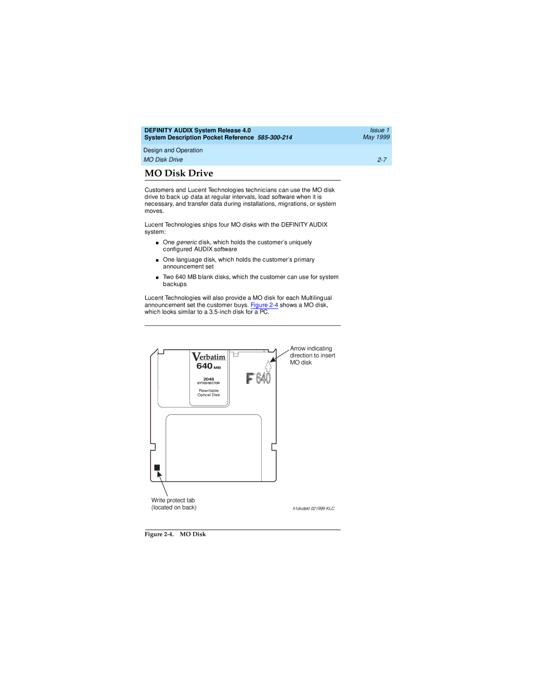 Lucent Technologies Release 4.0 manual Design and Operation MO Disk Drive 