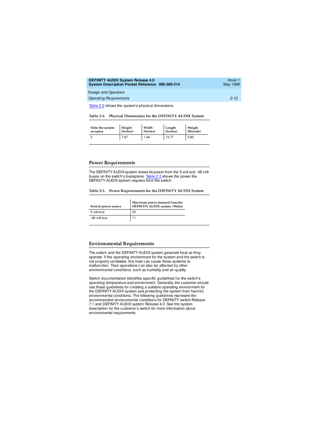 Lucent Technologies Release 4.0 manual Power Requirements, Environmental Requirements 