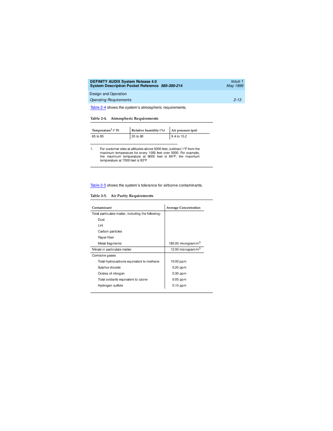 Lucent Technologies Release 4.0 manual Atmospheric Requirements, Air Purity Requirements 