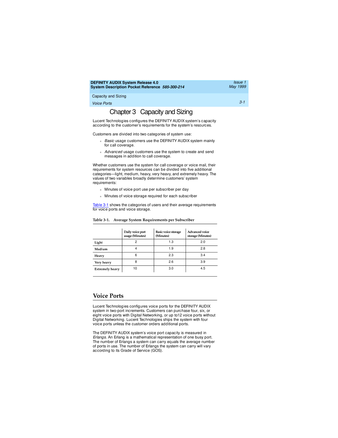 Lucent Technologies Release 4.0 manual Capacity and Sizing, Voice Ports, Average System Requirements per Subscriber 