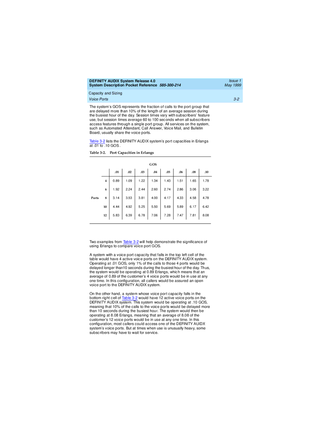 Lucent Technologies Release 4.0 manual Capacity and Sizing Voice Ports, Port Capacities in Erlangs 