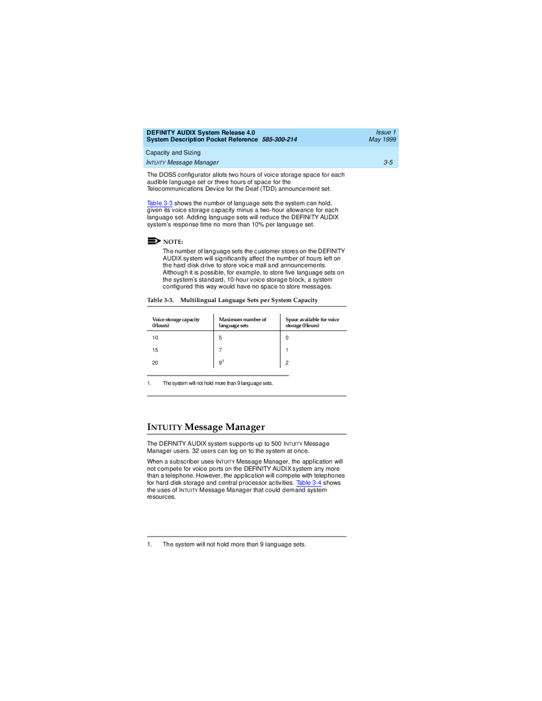 Lucent Technologies Release 4.0 manual Capacity and Sizing Intuity Message Manager 