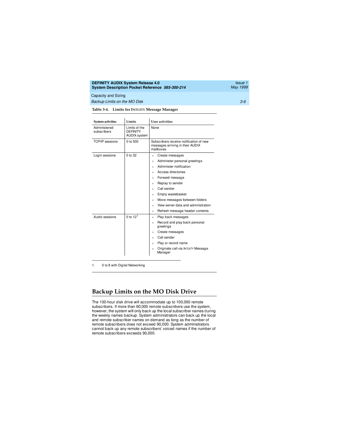 Lucent Technologies Release 4.0 manual Backup Limits on the MO Disk Drive, Limits for Intuity Message Manager 