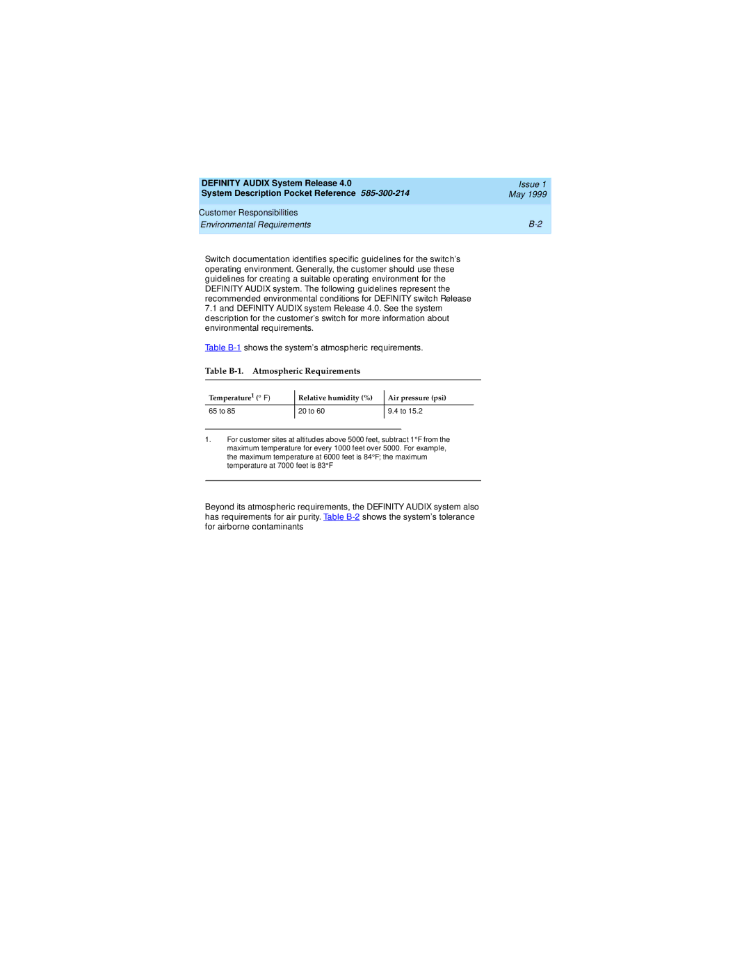 Lucent Technologies Release 4.0 manual Environmental Requirements, Table B-1. Atmospheric Requirements 